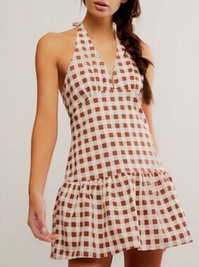 087 NWT Free People Cecil Mini Dress | Color Brown/White Checkered | Size XL